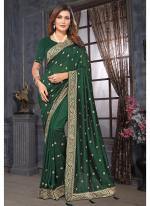 Vichitra Bottle Green Wedding Wear Embroidery Work Saree